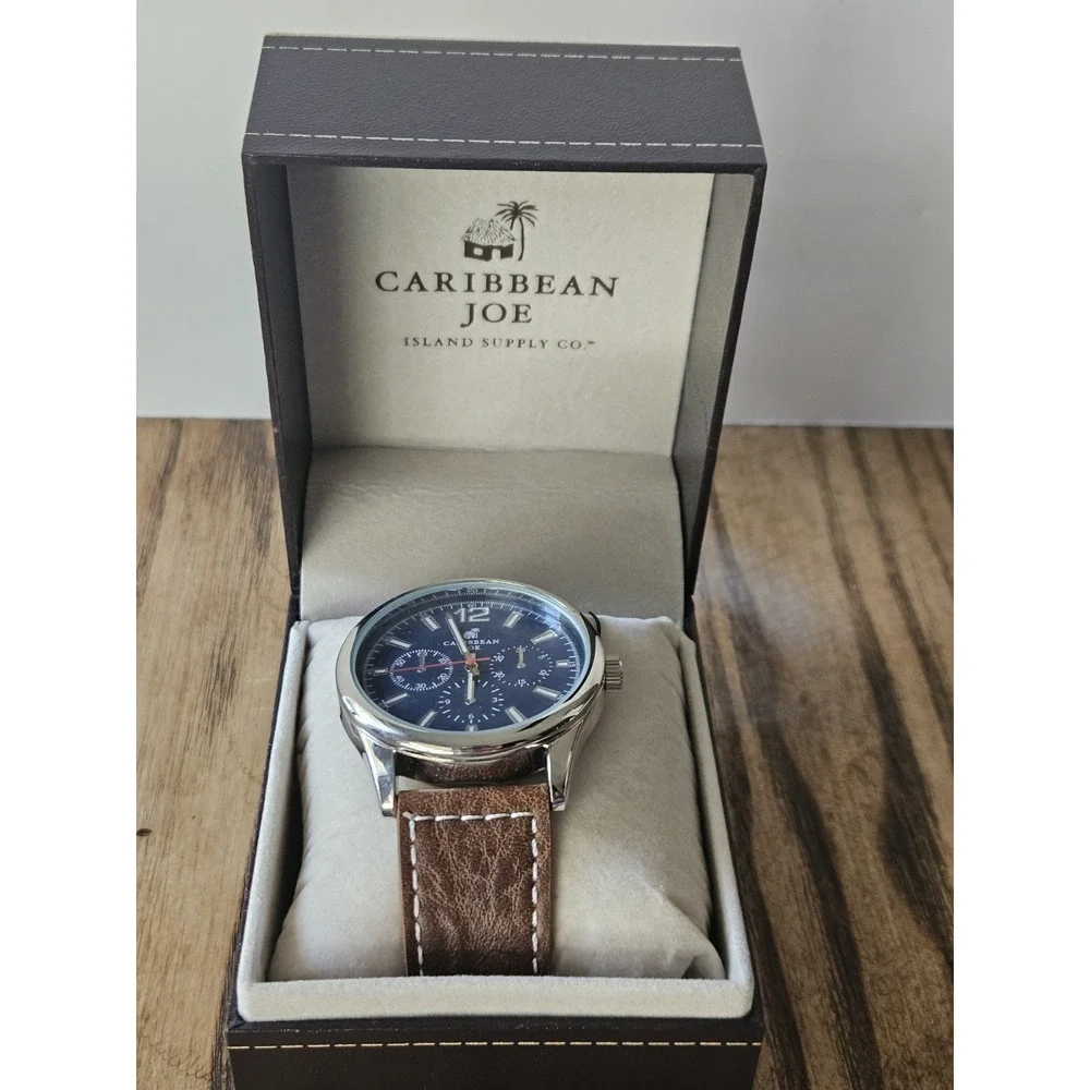 Caribbean Joe Mens Chronograph Watch Blue Sunray Dial Brown Faux Leather Strap